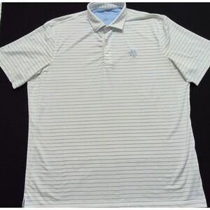 Johnny O men's white blue stripped golf polo blue logos short sleeves sz. XL